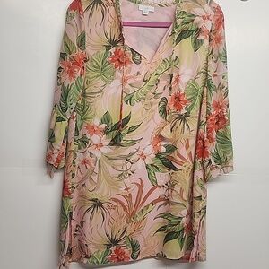 J. Jill Tropical Pink and Green Beautiful Lined 3/4 Bell Sleeve Top/Dress Sz S